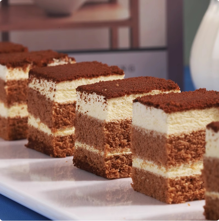 Double layered tiramisu mousse square cake